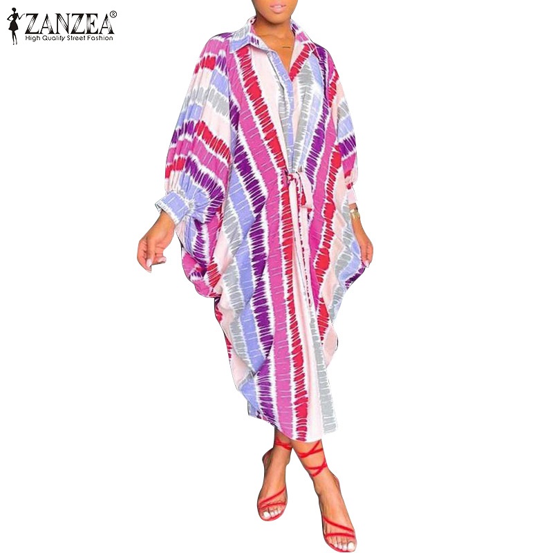 ZANZEA Đầm Dài Cổ Bẻ Tay Cánh Dơi Họa Tiết Kẻ Sọc Thời Trang Cho Nữ