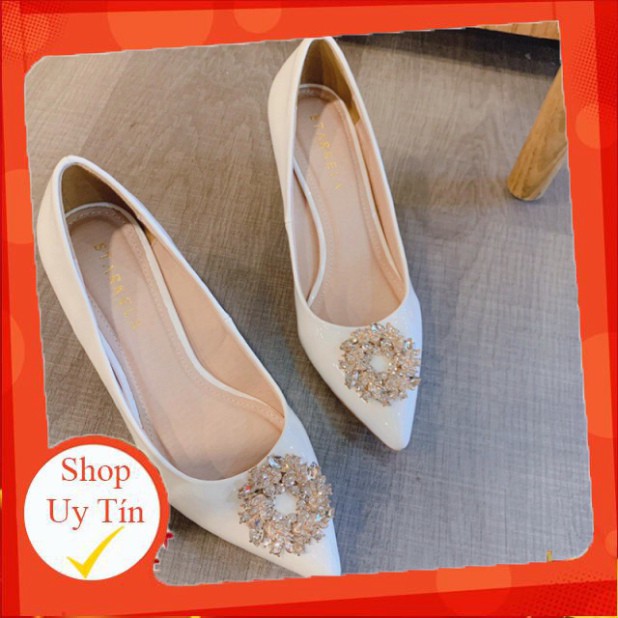Giày cao gót da bóng đính hoa đá gót nhọn 8p-3 màu hàng đẹp bán shop