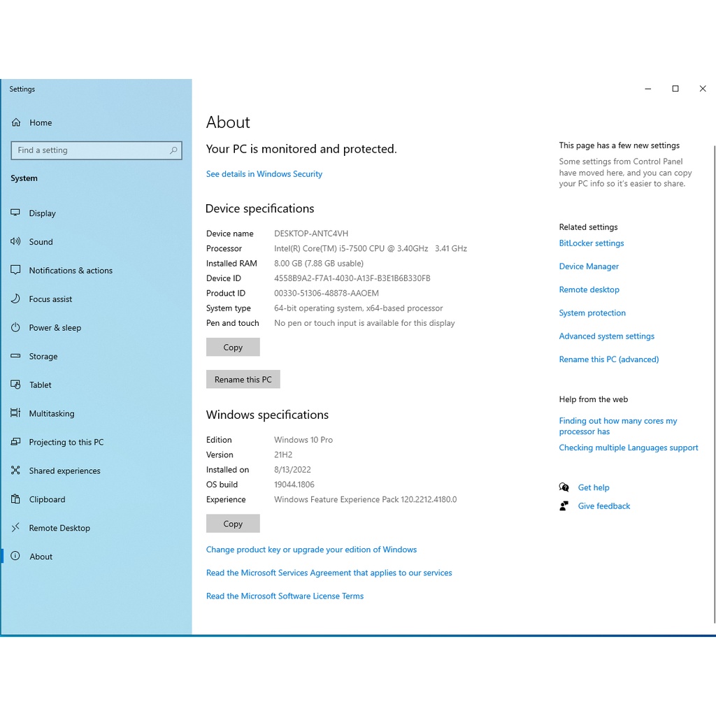 Máy tính đồng bộHP EliteDesk 800 G3 :  i5-7500@3.40GHz /256GB SSD /8GB RAM /Windows 10 Pro