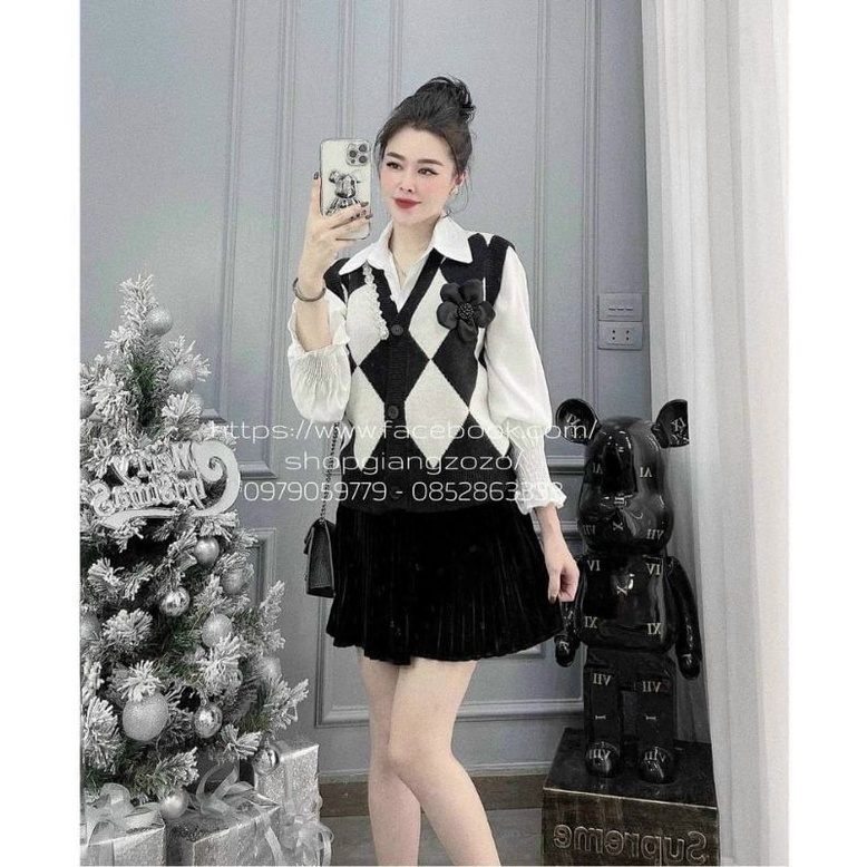 Áo gile len trám đính ngọc kèn hoa Hàng Quảng Châu cao cấp_Gile len nữ hàng xịn