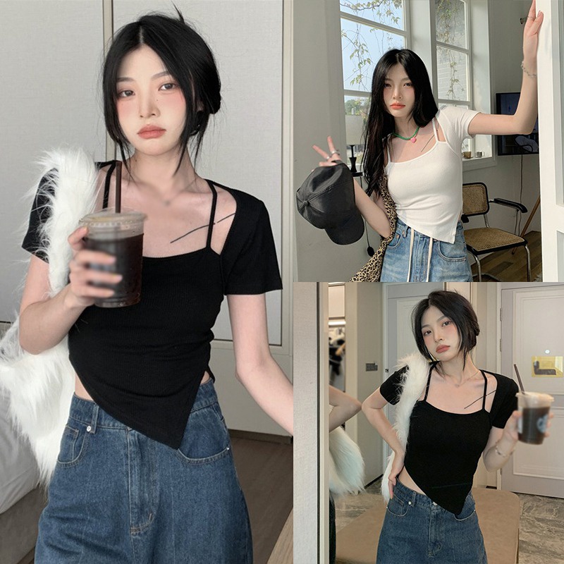 Áo Thun Tay Ngắn Cổ Vuông Thiết Kế Độc Đáo Phong Cách Hàn Quốc Thời Trang Cho Nữ