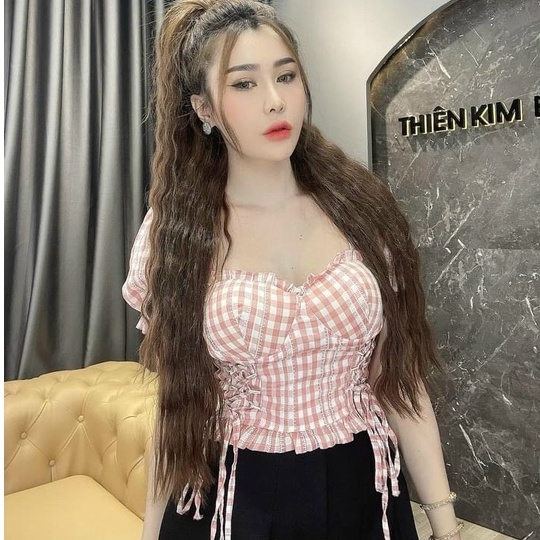 Áo kiểu croptop cổ vuông caro tay ngắn rút dây 2 bên cực xinh , chất kate mềm mịn