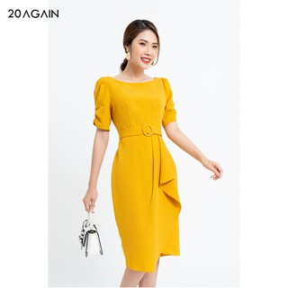 Đầm váy nữ dự tiệc 20AGAIN màu vàng, đủ size, cổ thuyền đai rời DOA0987