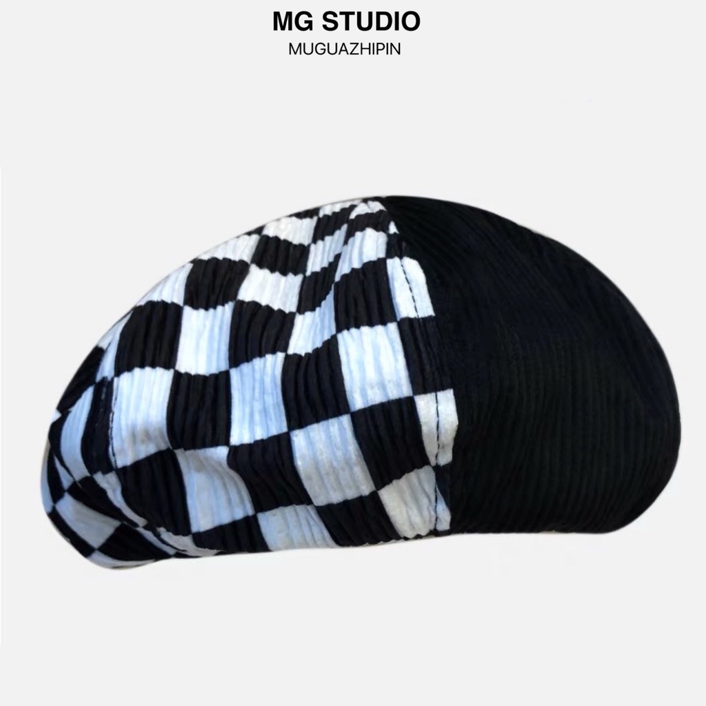 Mũ beret MG STUDIO màu đen họa tiết sọc ca rô