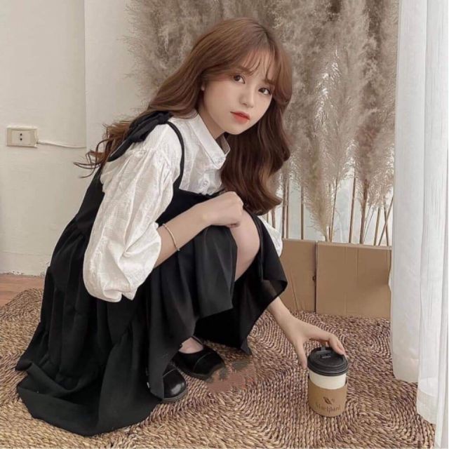 Set áo và váy yếm buộc dây nơ 💖 Freeship 💖 Bộ váy yếm babydoll kèm áo sơ mi cài cúc | BigBuy360 - bigbuy360.vn