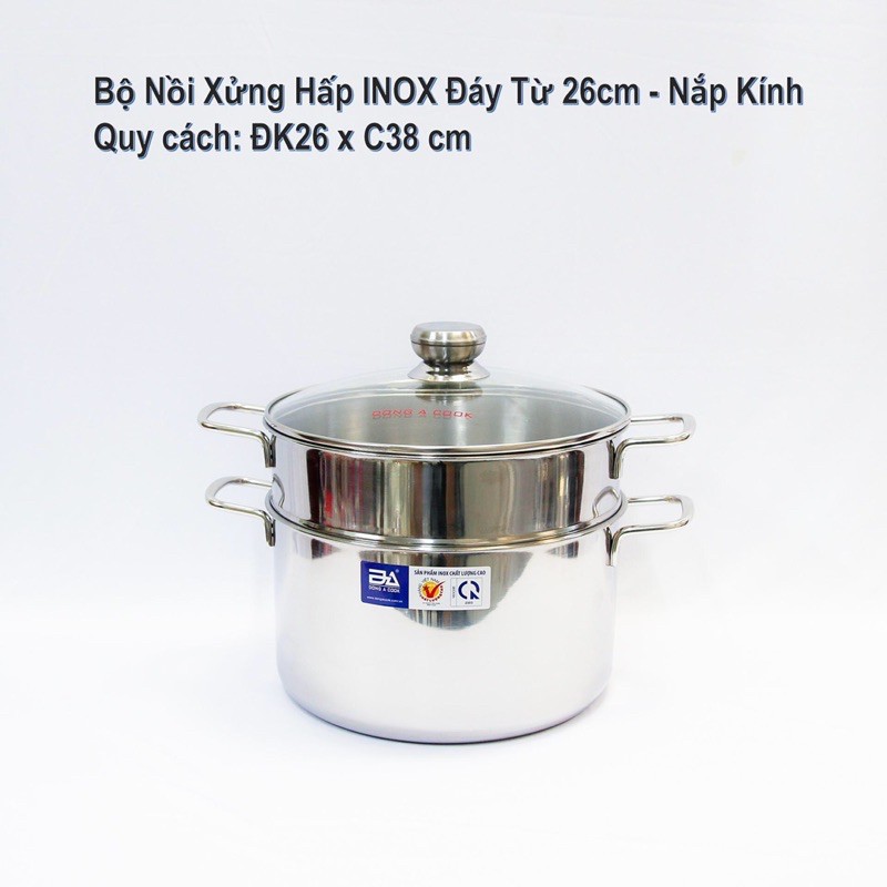 Xửng Hấp Inox 304 T2K Shop - Nồi hấp 2 tầng inox đáy từ loại tốt 28cm