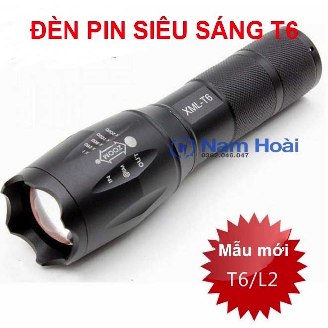 Đèn pin siêu sáng XML-T6 Hợp kim nhôm chống nước, có zoom xa gần