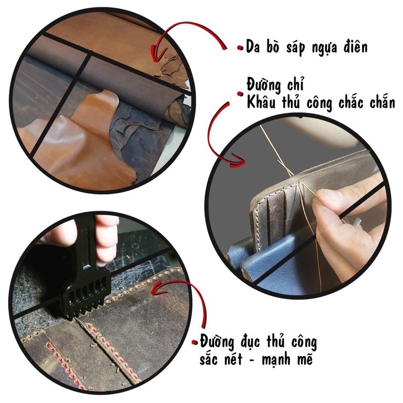 Ví nam da bò sáp ngựa điên khâu tay thủ công loại một ngăn dáng đứng dáng ngang chính hãng Bioline