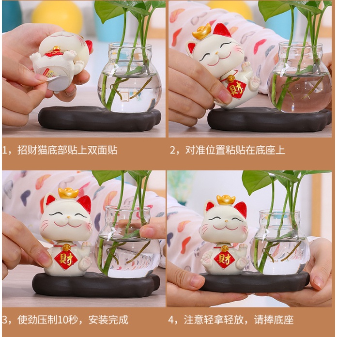 Lọ thủy tinh trồng cây thủy sinh kèm chú mèo may mắn đáng yêu mang lại năng lượng tích cực, gồm bình đế mèo
