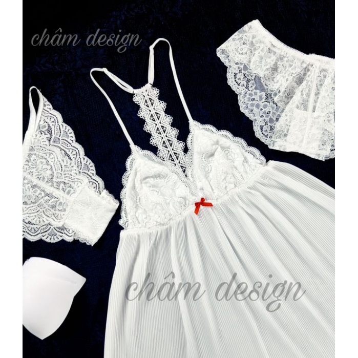 váy ngủ voan trắng dập ly nhỏ gắn nơ đỏ cao cấp hàng thiết kế độc quyền tại shop