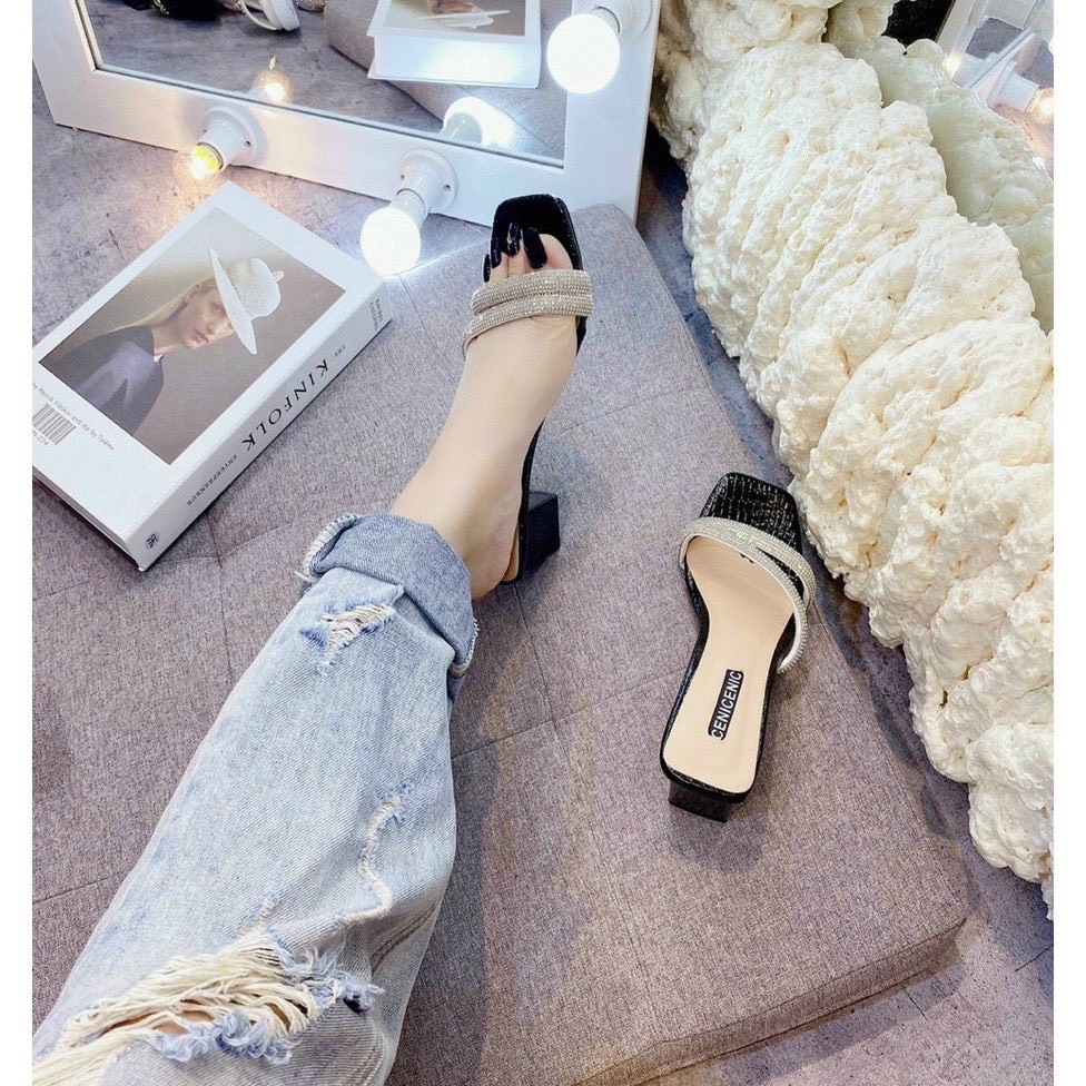 Giày cao gót hot trend đính đá 5 phân, sandal cao gót quai đá, guốc cao gót Chị Đẹp Store mã B5