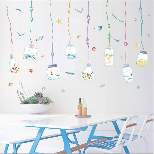 Decal trang trí tường - Rèm dây treo Chai Thủy Tinh Đại Dương