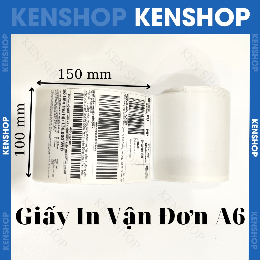 Giấy In Nhiệt 100x150, Giấy In Vận Đơn Khổ A6 Cuộn 50 mét ,Tem Sẵn Lớp Keo cho In Đơn Shopee, TMĐT và Vận Chuyển