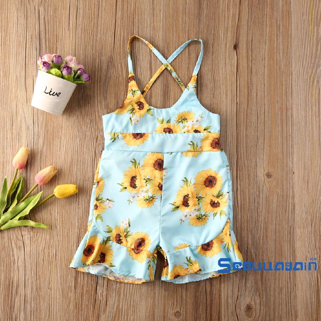 Bộ Áo Liền Quần Ngắn Tay In Hoa Hướng Dương Cho Bé Gái
