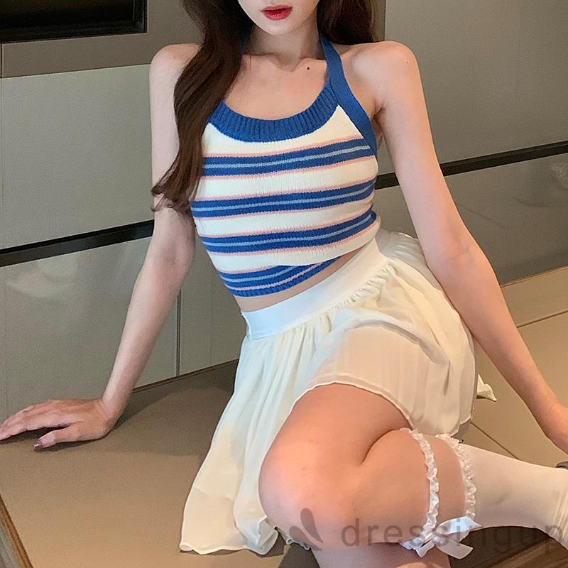 DRESSINGUP-Áo Croptop Sát Nách Cổ Yếm Hở Lưng Họa Tiết Kẻ Sọc Màu Xanh Lá / Xanh Lá Thời Trang Quyến Rũ Cho Nữ