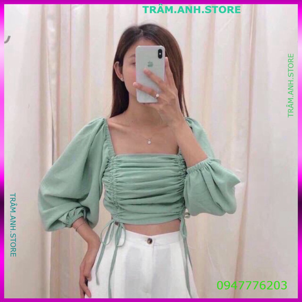 ÁO CROPTOP TAY DÀI CỘT DÂY 2 BÊN NHIỀU MÀU - CROPTOP RÚT DÂY TAY PHỒNG HỒNG VÀNG XANH ĐEN TRẮNG - CROPTOP TRỄ VAI CỔ VUÔ