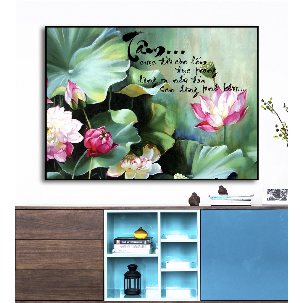 Tranh in vải canvas hoa sen - kích thước 90x135cm - đủ khung và đinh treo