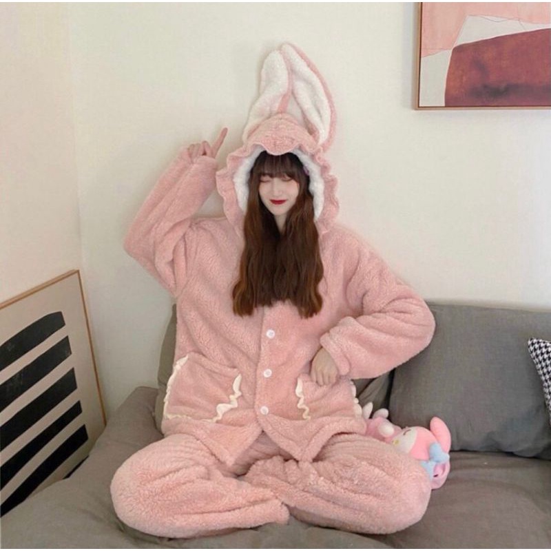 ✅ Pyjama Lông Cừu Thỏ Hồng Cute