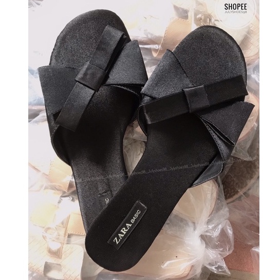 Dép Nữ Dép Lê Nữ Quai Ngang Nơ Lụa Đen Đế Bệt Mũi Tròn Sang Chảnh