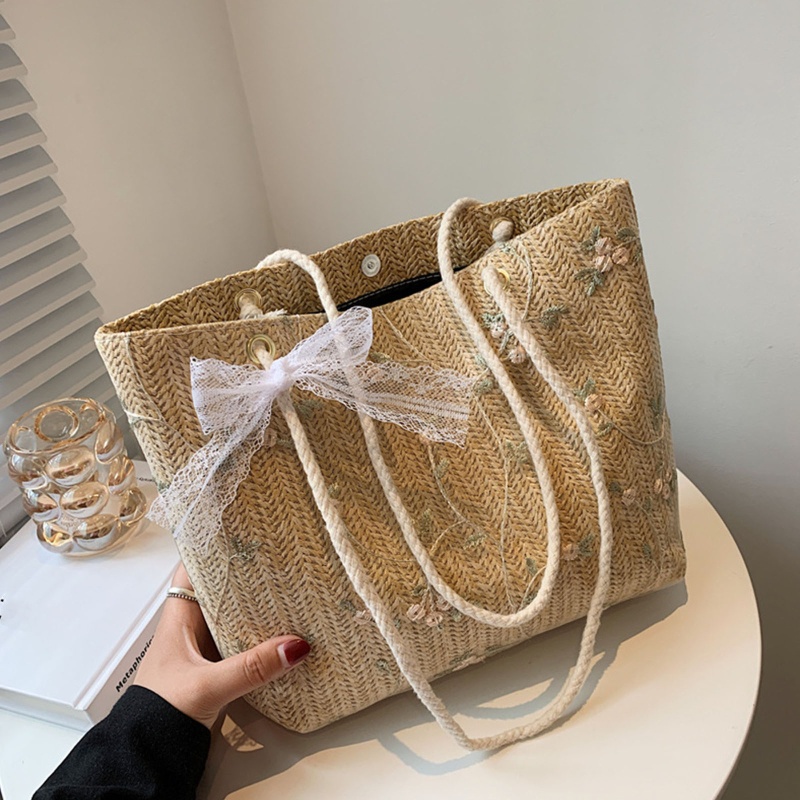 Túi Xách Đeo Vai Đan Lát Phối Ren Đính Nơ Xinh Xắn Cho Nữ