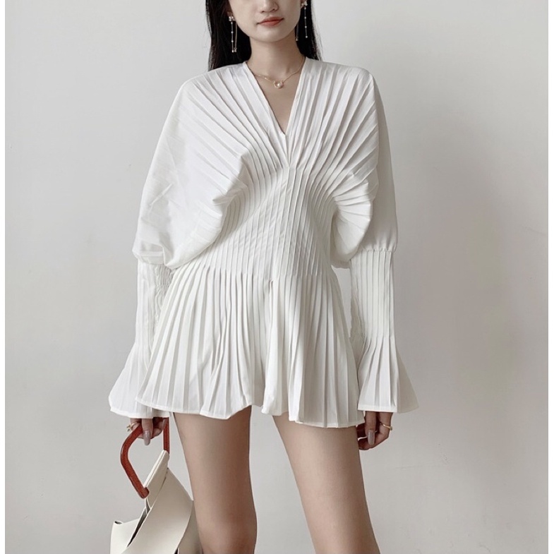 Đầm sơ mi dập ly cổ V tay xoè ôm eo sang chảnh-Sẵn-Ảnh thật