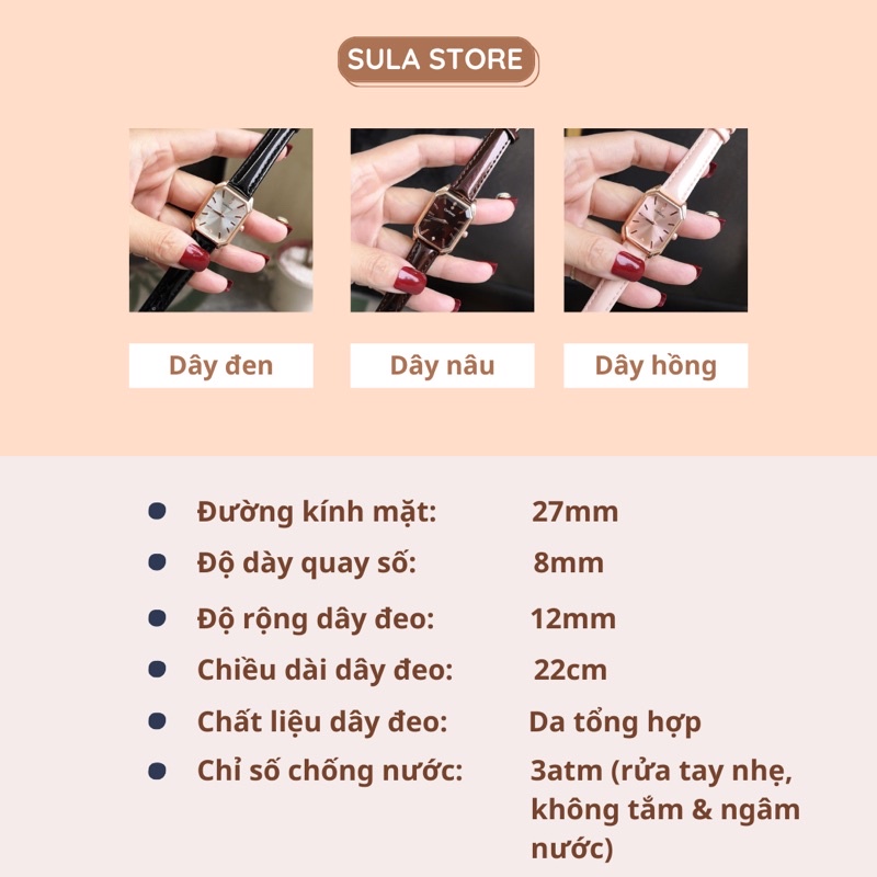 Đồng hồ nữ dây da mặt chữ nhật đẹp giá rẻ chống nước 3ATM - SULABAL
