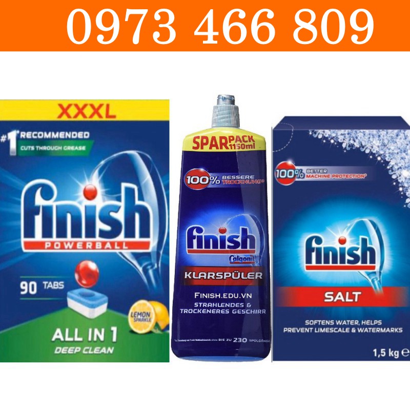 Combo 90 Viên rửa chén Finish all in one + Muối rửa chén Finish 1.5kg + Nước làm bóng finish 1150ml Finish.edu.vn