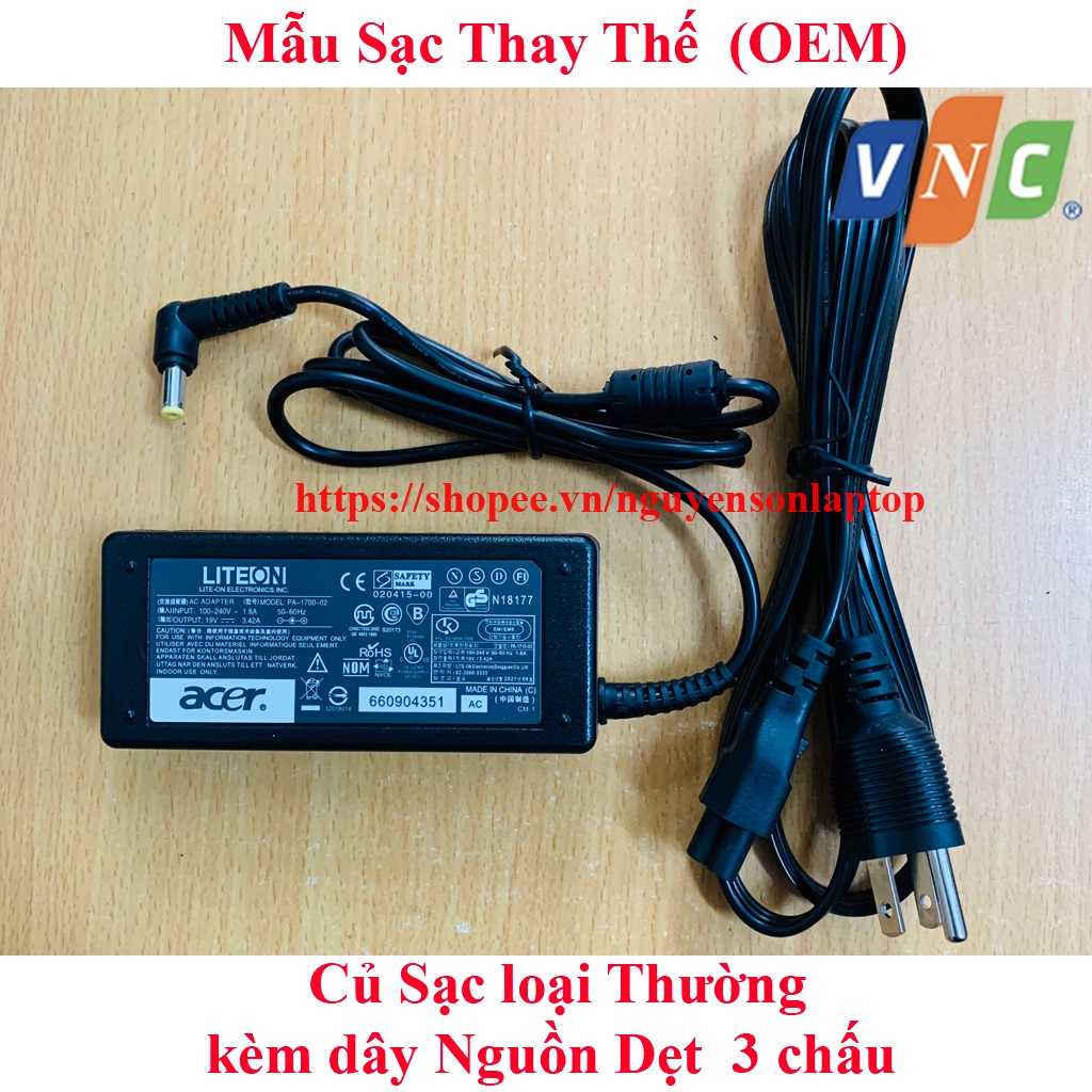 SẠC LAPTOP ACER 19V-3.42A chân To 5.5x1.7mm