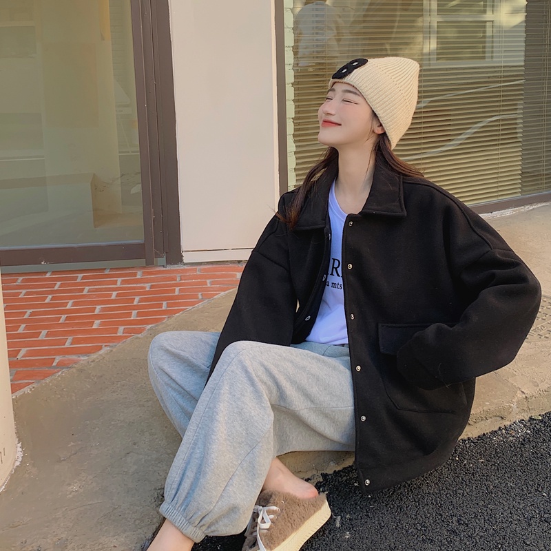 Áo khoác tay dài dáng rộng màu trơn dễ phối đồ thời trang phong cách Hàn Quốc