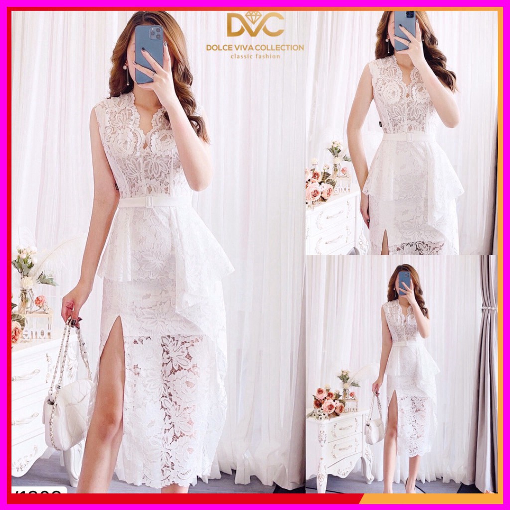 Váy ren trắng xẻ đùi sát nách V1808 - Anlee DVC (Kèm ảnh thật trải sàn do shop tự chụp)