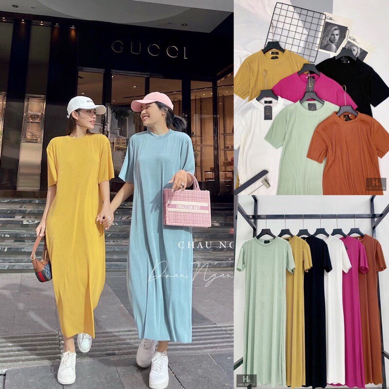 Đầm suông basic cộc tay chất ly nhăn( CHÁY HÀNG), Váy maxi dập ly thoáng mát loại 1 freesize đến 65kg