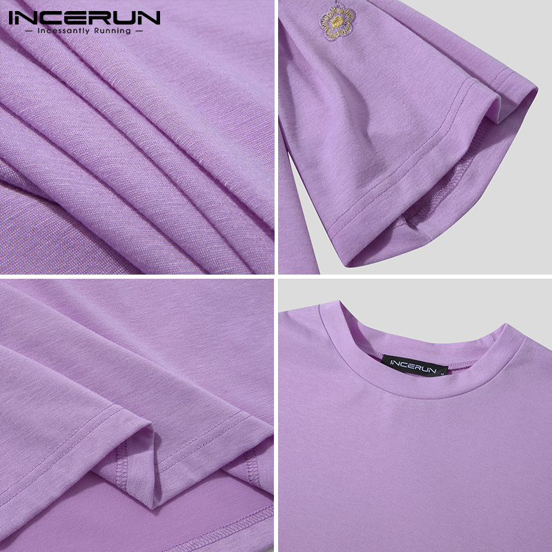 Áo Thun T-shirt INCERUN Dành Cho Nam Thiết Kế Tay Ngắn Thêu Hình Đơn Giản Trơn Màu