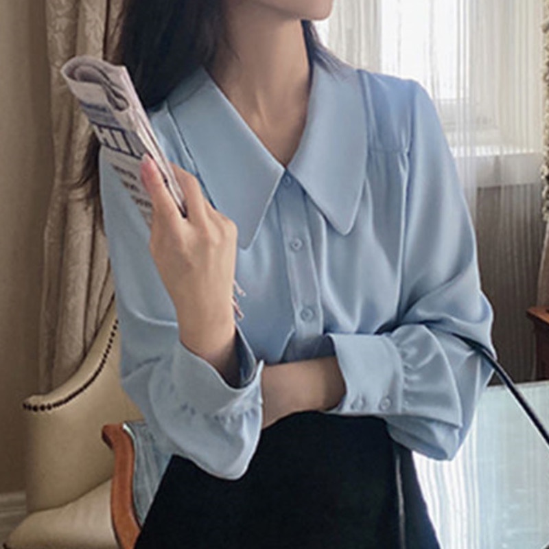 Áo Sơ Mi Chiffon Tay Dài Dáng Rộng Màu Trơn Phong Cách Hàn Quốc Cho Nữ