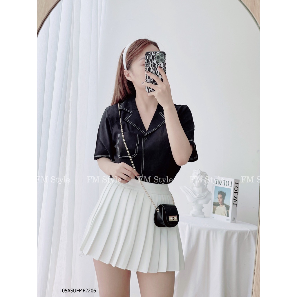 Áo sơ mi kiểu nữ hoạ tiết chỉ nổi tay ngắn cổ vest chất đũi xịn dày dặn phong cách ulzzang Hàn Quốc 220323400