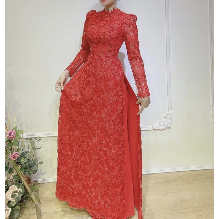 Áo dài  cưới cô dâu 4 tà ren xốp có đính kết như hình