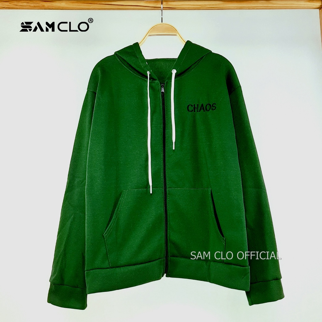 ÁO KHOÁC NỈ SAM CLO nữ freesize hoodie có khóa kéo tay dài thu đông dáng unisex THÊU chữ CHAOS
