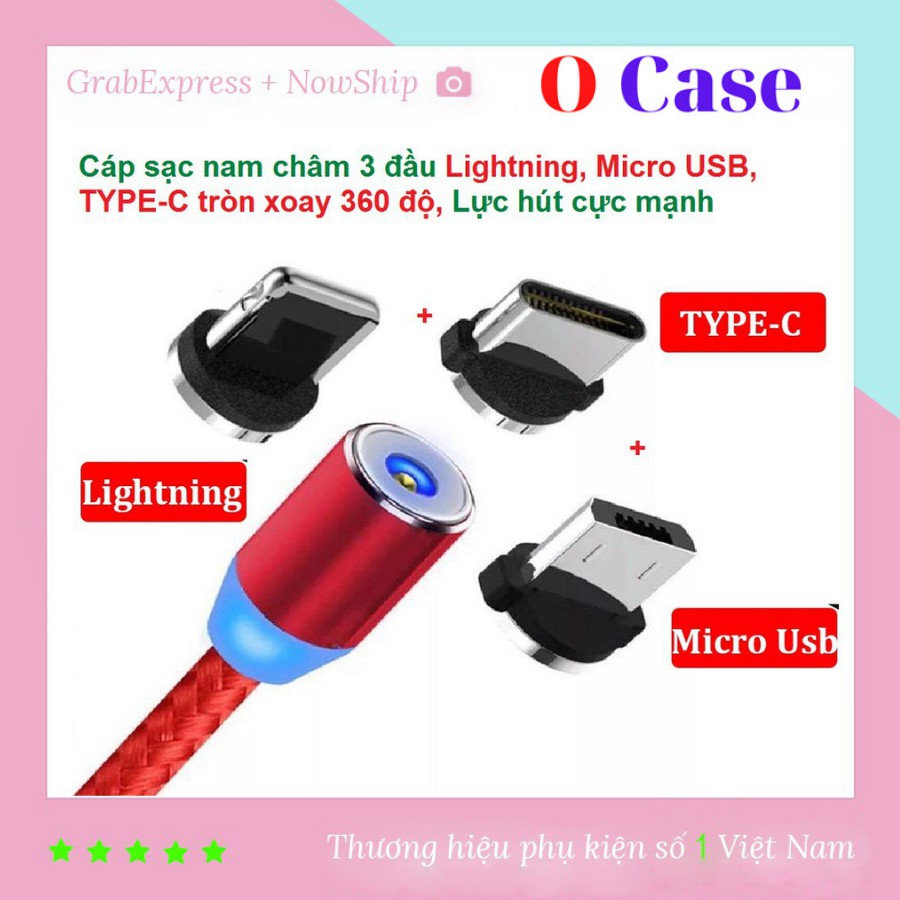 Cáp Sạc Nam Châm 3 Đầu ANDROI / IPHONE Dây Bọc Dù Siêu Bền Có Đen LED Cao Cấp, Tốc Độ Ổn Định