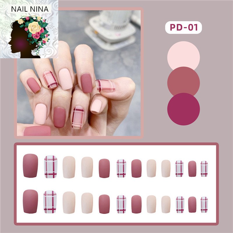 Bộ 24 móng tay giả Nail Nina Caro hồng mận mã PD-01【Tặng kèm dụng cụ lắp】