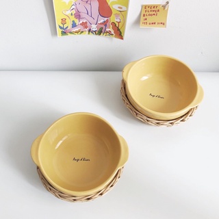 Thố hai quai vàng kèm giỏ mây vintage
