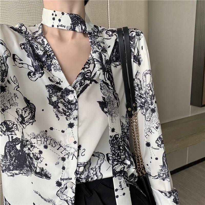 Áo Sơ Mi Lụa Hoạ Tiết Sang Chảnh Đính Kèm Khăn Lụa Cổ