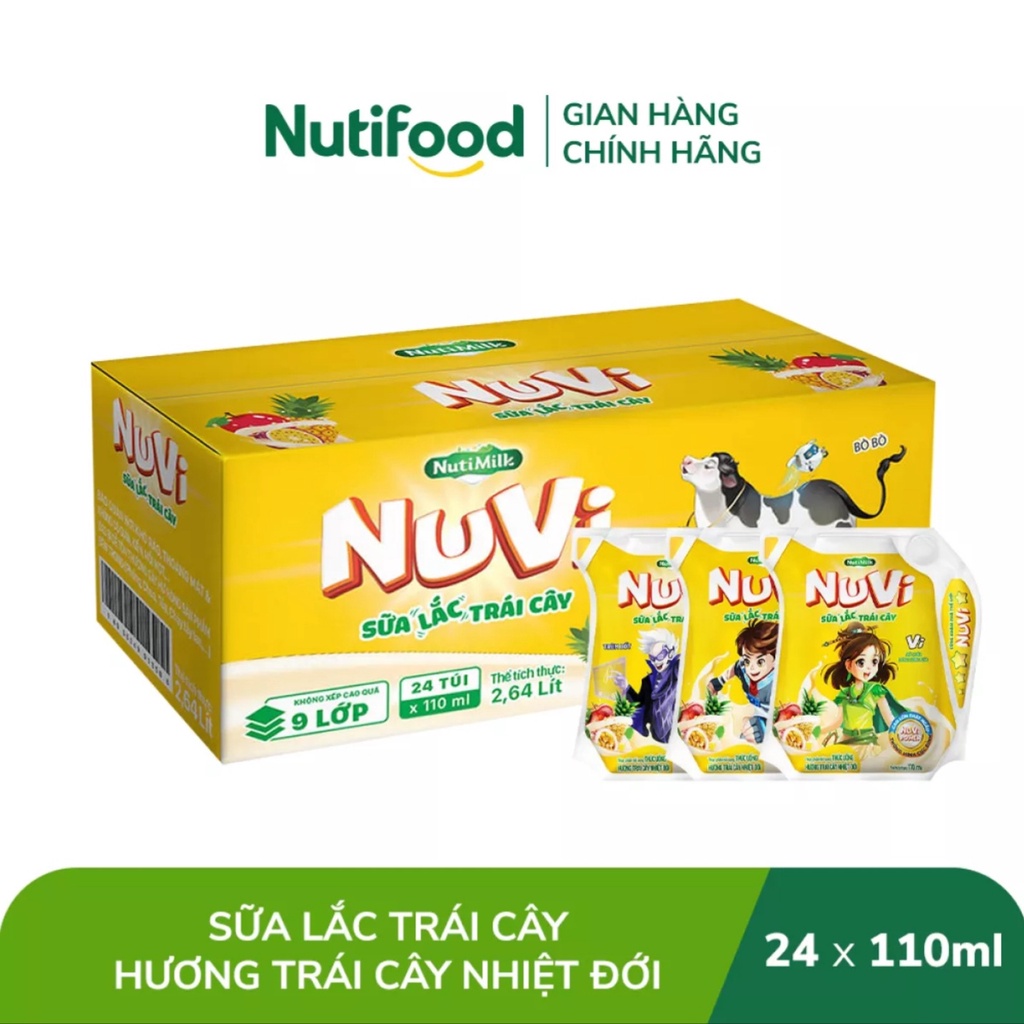 [HSD T10-2023] Thùng 24 Túi NuVi Sữa Lắc Trái Cây Hương Trái Cây Nhiệt Đới Túi NuVi Power 110ml.