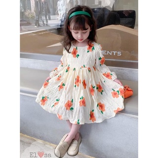 Váy Hoa Cam Dài Tay Thô Đũi Bánh Bèo Siêu Xinh Cho Bé Gái 9-25kg