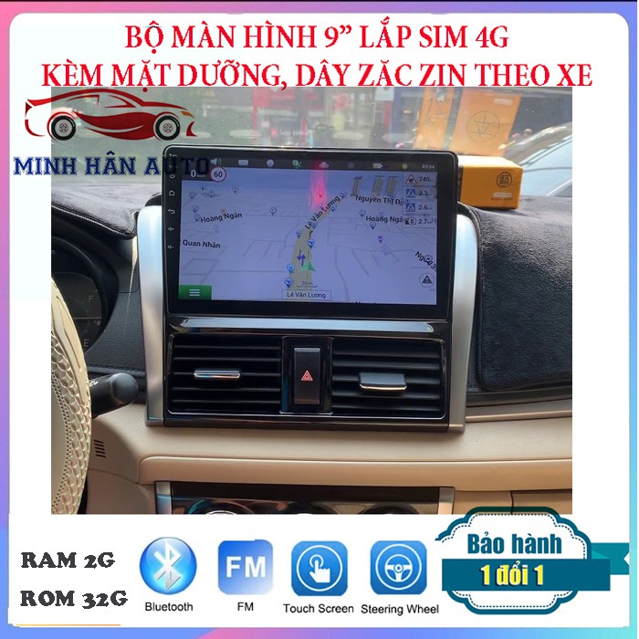 Bộ màn hình xe VIOS lắp sim 4G kèm mặt dưỡng cấu hình RAM 2G ROM 32G, Màn hình DVD lắp sim 4G theo xe VIOS 2013-2018