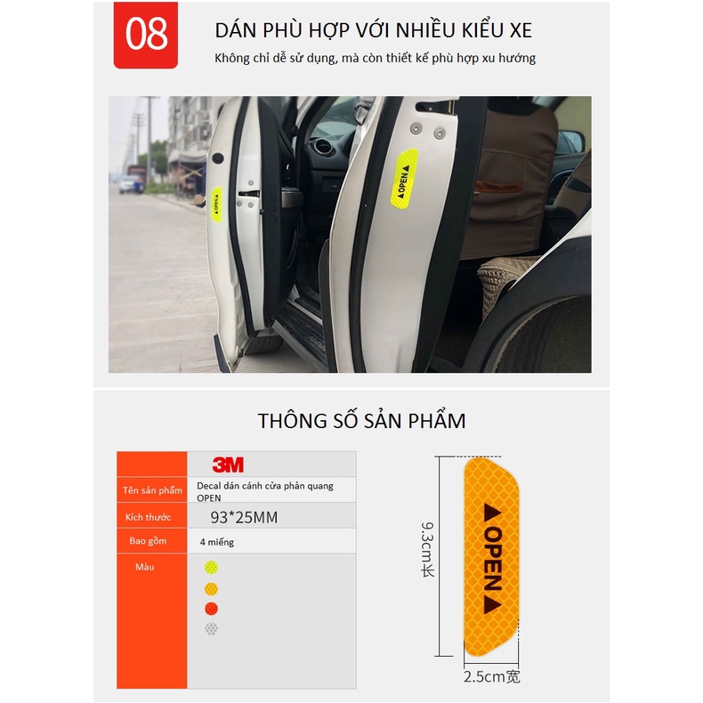 Bộ 4 Miếng Decal Phản Quang Dán Cánh Cửa Ô Tô OPEN Cao Cấp