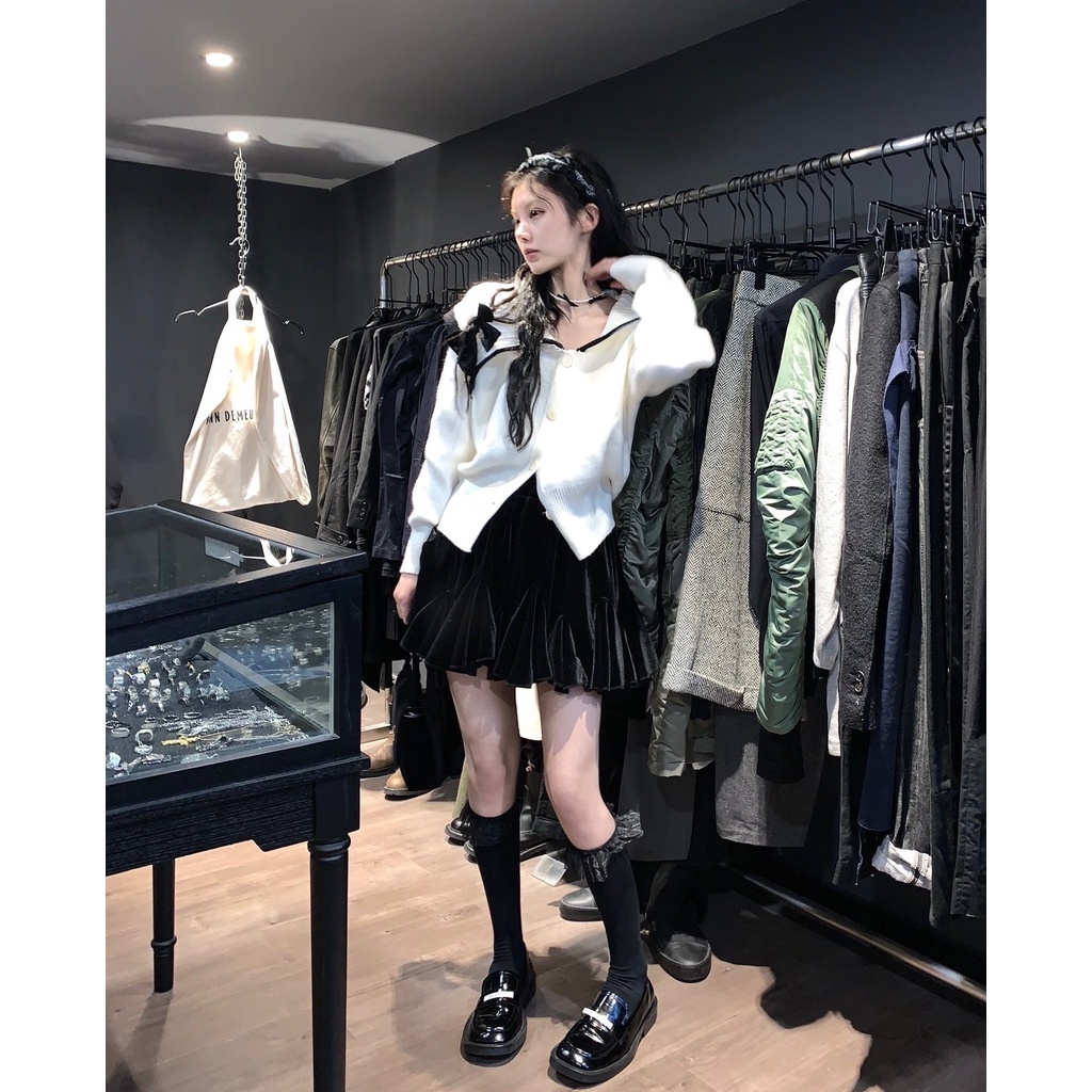 Áo Sweater Dệt Kim Dày Dặn + Chân Váy Bồng Bềnh Phong Cách Retro Phương Tây