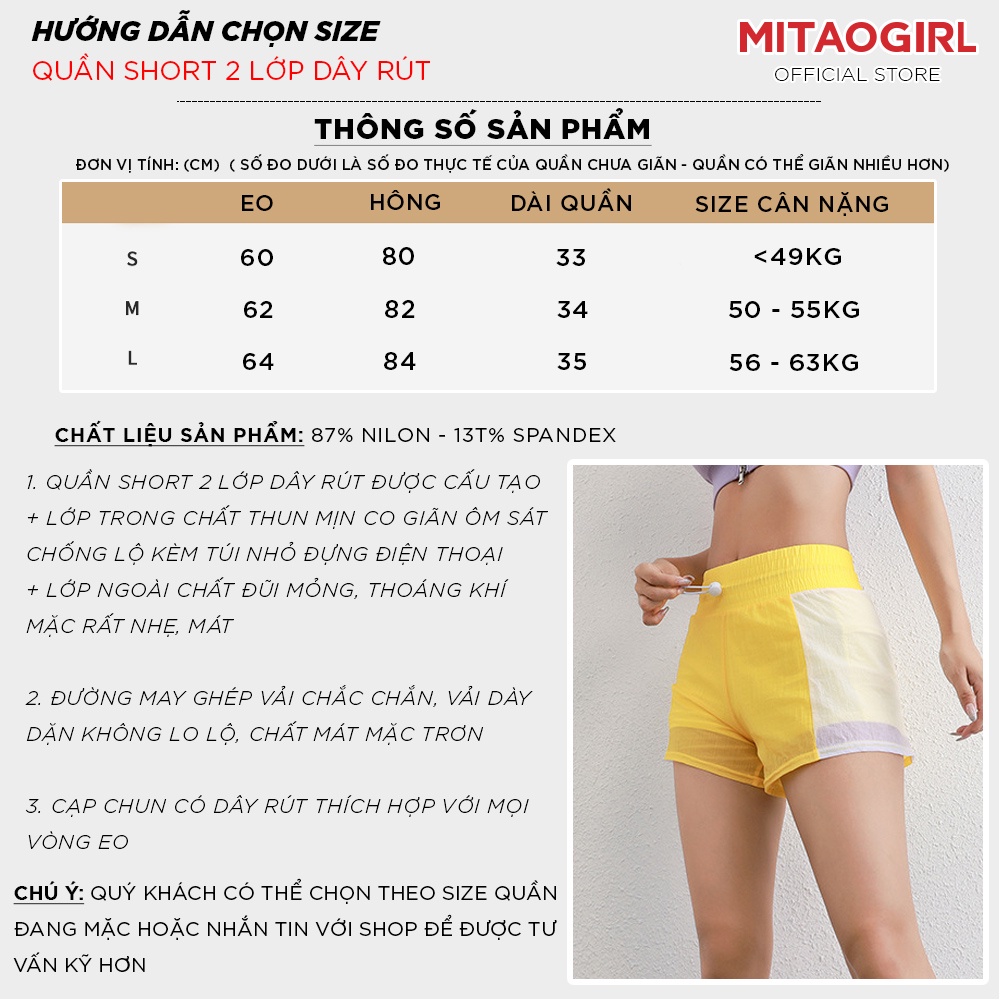 Quần tập gym yoga nữ MITAOGIRL kiểu đùi shorts 2 lớp thể thao quần ngoài chất đũi quần trong thun poly ôm sát co giãn