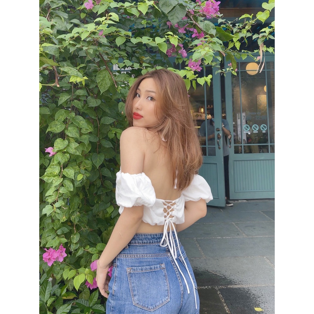 Áo nữ thiết kế- New item-Áo croptop Caterpillar xanh denim dún trễ vai đan dây nơ sexy dịu dàng quyến rũ ELE