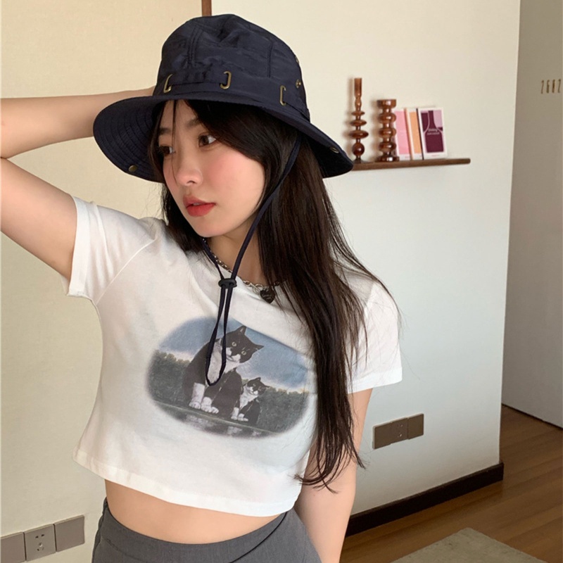 Áo Croptop Tay Ngắn Cổ Tròn Màu Trơn In Họa Tiết Hoạt Hình Đơn Giản Thời Trang Cho Nữ