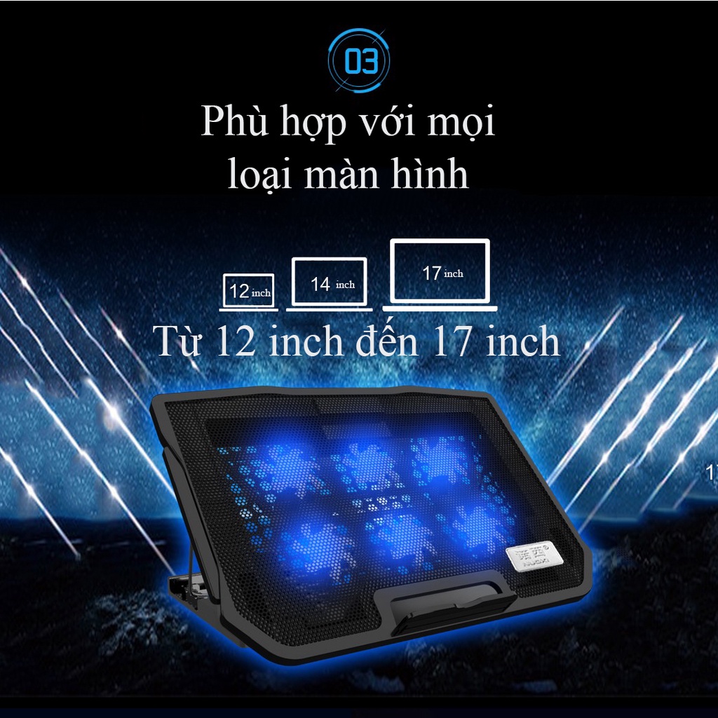 Đế tản nhiệt hỗ trợ chơi game chất lượng cao dành cho laptop, 6 quạt  đèn LED, làm mát nhanh chóng - k1305