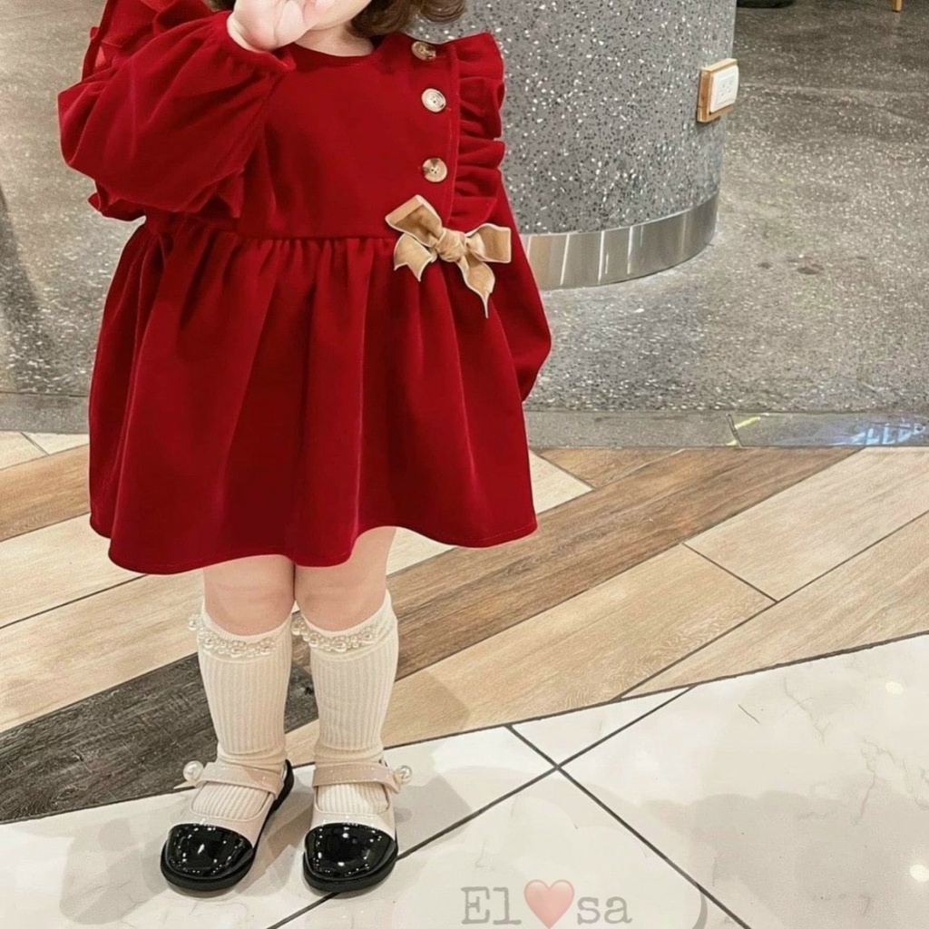 Váy bé gái thu đông, Váy babydoll Hàn Quốc vải nhung cài cúc dễ thương cho bé gái từ 6 đến 16 kg